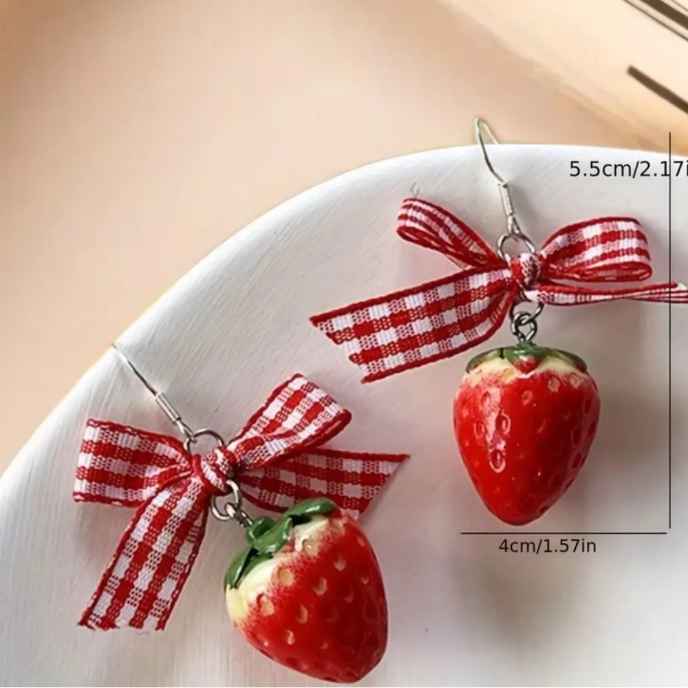 Strawberry Earrings with Red Gingham Bows - Picture 5 of 5